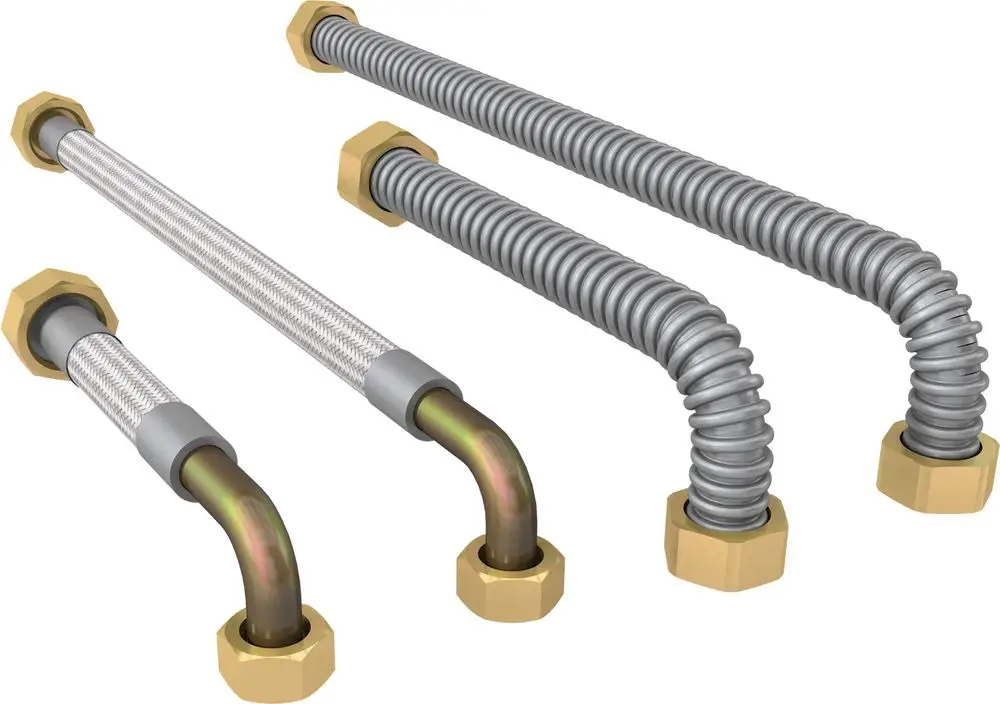 Vier Adapterleitungen von Bosch, gefertigt aus flexiblem Metall mit Schraubanschlüssen in Messing. Geeignet für verschiedene Anschlussmöglichkeiten in Heizungsanwendungen.